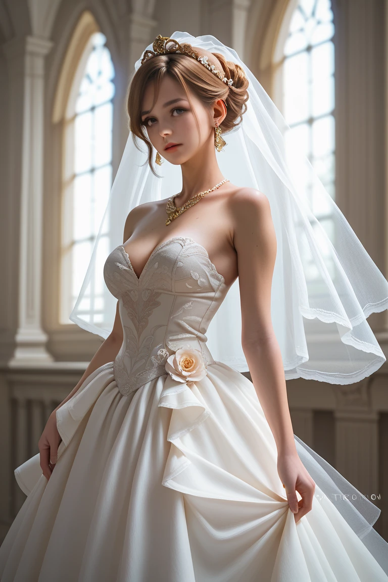(High definition CG Unity 16k wallpaper), (masterpiece),(top-quality), (Best Detail), (Best Illustration), (Best Shadow), (Realism:1.5), Realistic human skin, (ultra-detailliert),+++(((1 Asian ,独奏:1.5)))+++ ,(Very beautiful blonde chignon hair:1.5)、 (Shiny blonde hair:1.5)、(beautifull detailed face)、(beatiful detailed eyes)、((masterpiece:1.4、top-quality))、((masterpiece、top-quality))、(photographrealistic:1.4)、(Japanese Idol、Japanese actressl:1.5)、(perfect anatomia、Correct anatomy、perfectly proportions、face perfect、perfect hand、perfect leg、Perfect fingers、 perfect hand、Perfect mouth、Perfect lips,a small face:1.5)、(Happy smiling face:1.4)、(extremely detailed eye and face),(Incredibly beautiful face、Very cute)、(big eye)、 (impossibly thin waist:1.5), (incredibly huge breasts that are completely soft:1.5)、(Realistic background、Flower Garden:1.5),(Large crowds:1.5)、(One Japan gal in a voluminous full-length hoop skirt and gorgeous wedding dress:1.5),((Very gorgeous and snow-white wedding dress with a voluminous full-length hoop skirt:1.5))、(gorgeous embroidery and lace),Gorgeous corsage,See-through,(Very gorgeous Lolita hair ornament)),Tiara adorned with glitter and very gorgeous jewels,(hoop skirt,crinoline)、