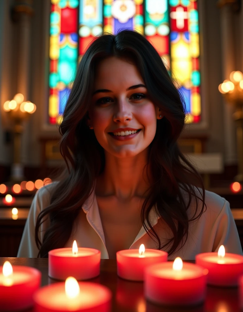 extremely detailed RAW photo of a ohwxkb woman LaGermania with a candle in a pitch-black dark background, taken by a professional photographer with DSLR , light smile, gute gelaunt, devot, horny, inviting, comfortably