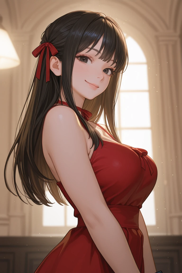 Italian girl, age 25, busty, long brown hair, smiling face, elegant red dress