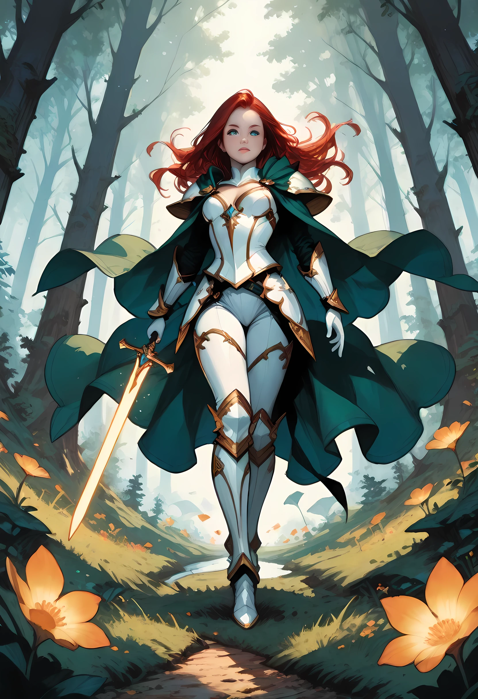 a picture of female human paladin of nature protecting the forest, wearying heavy armor, divine armor, white armor, small cleavage,  flowing cloak, long cloak, green cloak, armed with a sword, glowing sword, wearing a glowing holy symbol, a woman, divine knight, full body, perfect body, ultra detailed face, ultra feminine, pale skin, red hair, long hair, blue eyes, body, intense eyes, fantasy forest background, D&D art, RPG art, magical atmosphere magic-fantasy-forest, ultra best realistic, best details, best quality, 16k, [ultra detailed], masterpiece, best quality, (extremely detailed), ultra wide shot, photorealism, depth of field, hyper realistic painting, fantasy art, realistic art,((best quality)), ((masterpiece)), (detailed), perfect face, Cinematic Shot, Fantasy background, d4f4b