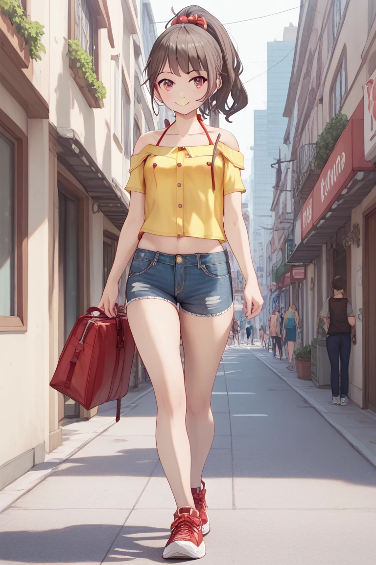 ((best quality)), ((masterpiece)), (detailed), 1girl, off-shoulder sweater, NSFW, small breasts, prominent collarbones, skinny arms, flat stomach, visible hip bones, ponytail, thick ponytail, heavy ponytail, red and white clothing, caught changing, full body, whole body, body, NSFW, full body, whole body, head-to-toe NSFW