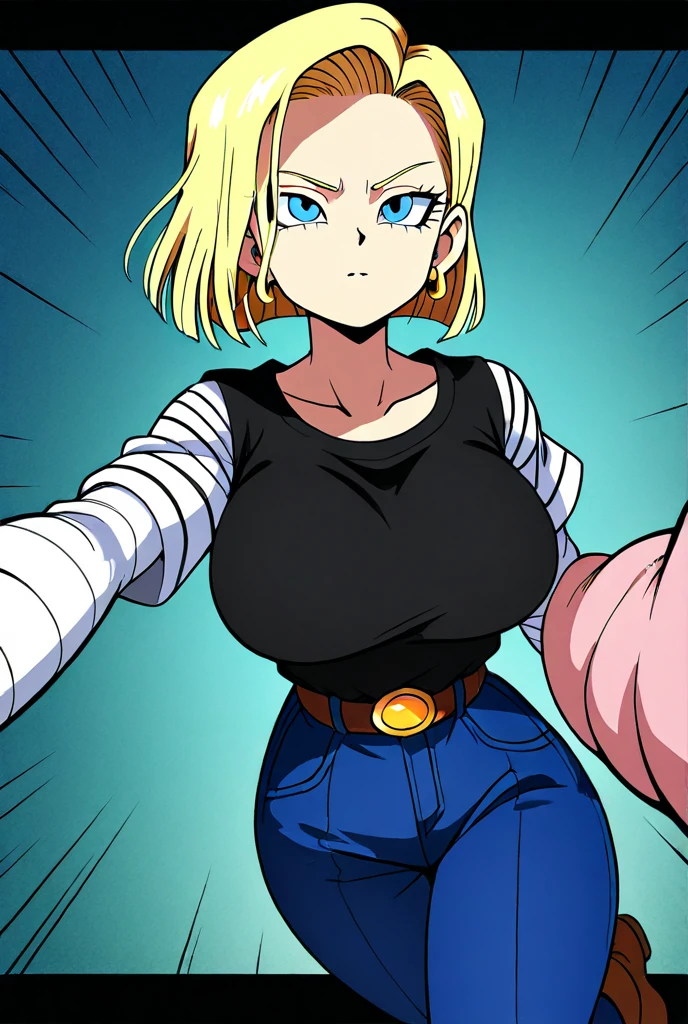 masterpiece, detailed face,
android 18, buu saga, , 1girl, solo, looking at viewer, short hair, blue eyes, blonde hair, collarbone,
(City),( street),(sunset),((huge tits:1.2)),cleavage, upper body, hovering,
midair,
black shirt, long sleeves, striped sleeves, hoop earrings, shoes, orange socks, belt, high waist pants,( embarrassed :1.3),(blush)