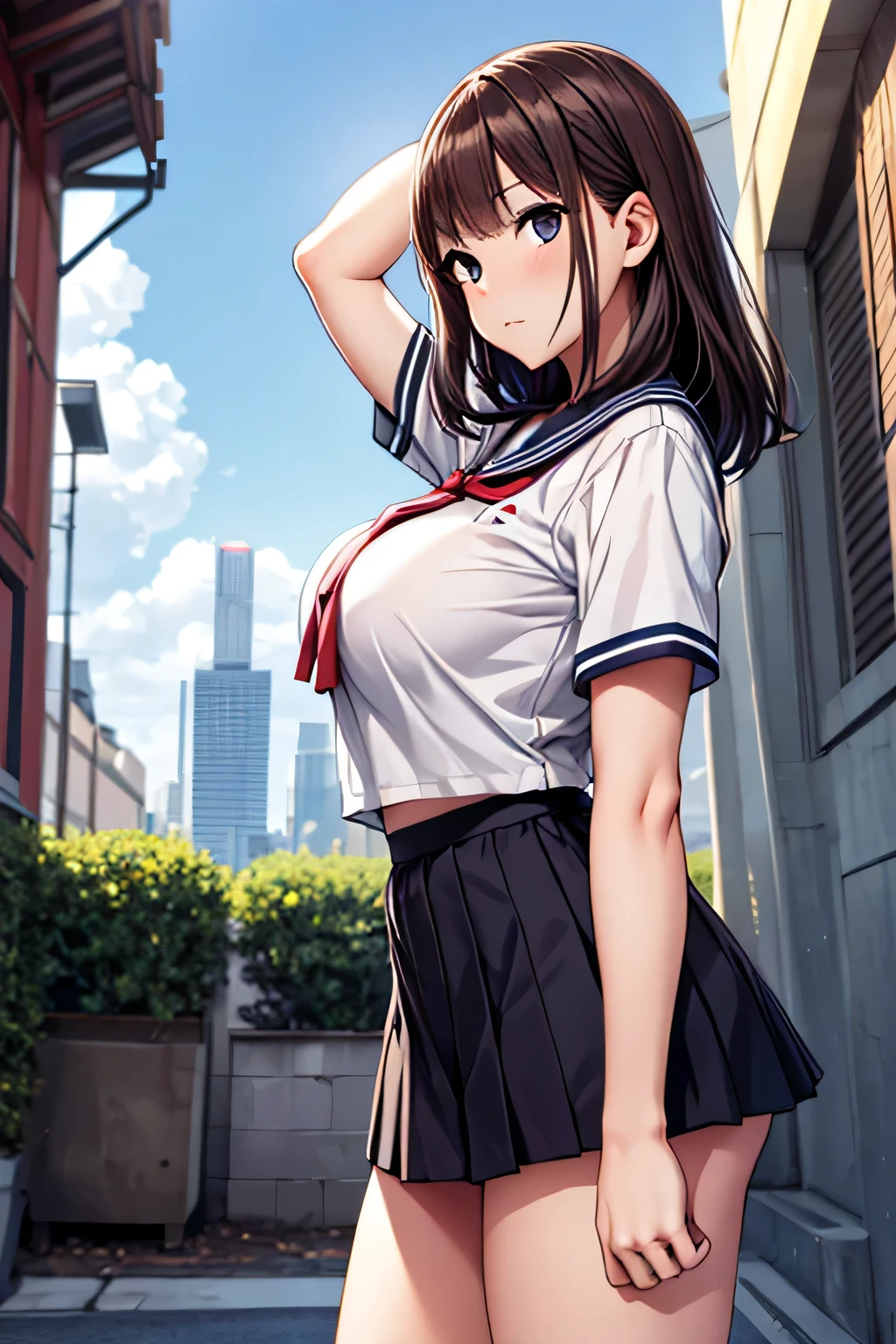 score_9, score_8_up, score_7_up, score_6_up, score_5_up, Beautiful photorealistic , perfect composition, super quality, 8k, from side:1.21, ultra high quality, 1 Beautiful Japanese Woman, cute age woman , Put your hands around your head, arched back:1.331, stretchy :1.331, forward leaning posture, close-up, On the way to school, null, cloud, cityscape, Midsummer Day, sunlight, lens flare, Super Detail, High Definition Animation, masterpiece, top quality, high resolution, Big Breasts:1.1, skinny body:1.21, anatomically correct proportions:1.331, small head :1.331, detailed dark brown clear eyes, high school uniform, White short-sleeved sailor suit:1.05, red ribbon on the vagina:1.05, navy blue miniskirt, panties, medium hair swaying in the wind, Hang Your Bangs Long :1.331, 詳細な肌, detailed face, Dynamic Poses,