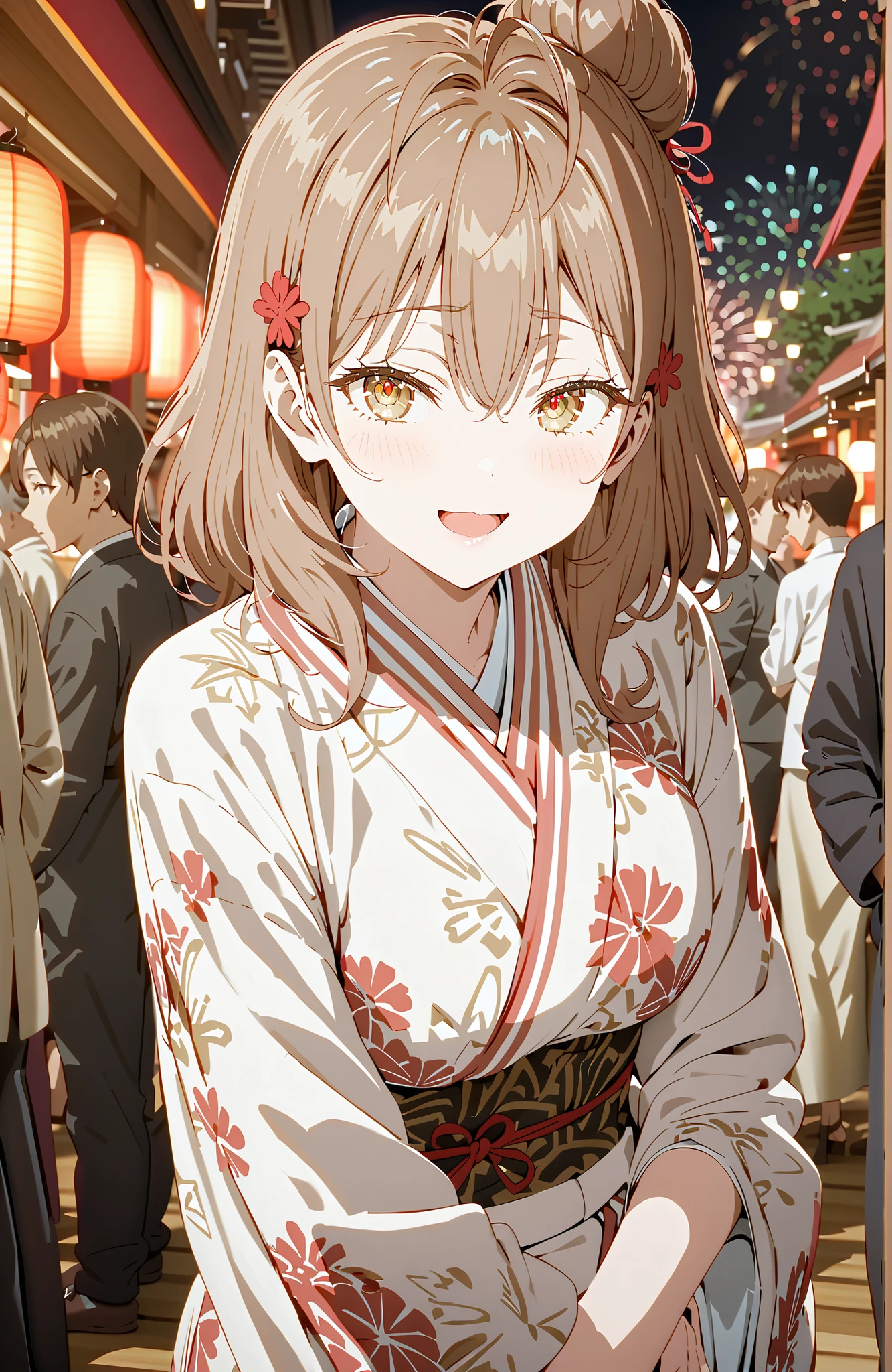 Maria Mikhailovna Kuzou, bungs, brown hair, hair ornament, hair between eyebrows, brown eyes, stupid hair,smile,blush,opens her mouth,side lock,single bun hair, Nape,Big Breasts,Black flower pattern kimono,standing,Light up fireworks,Japanese stalls ,Red Lanterns,standing,crowd,break looking at viewer,full body,
break outdoors, Japanese Festival,
break (masterpiece:1.2), best quality, high resolution, Unity 8Kの壁紙, ( illustration :0.8), (beautiful detailed eyes:1.6), Highly Detailed Faces, perfect lighting, highly detailed CG, (perfect hand in h, completed anatomy),