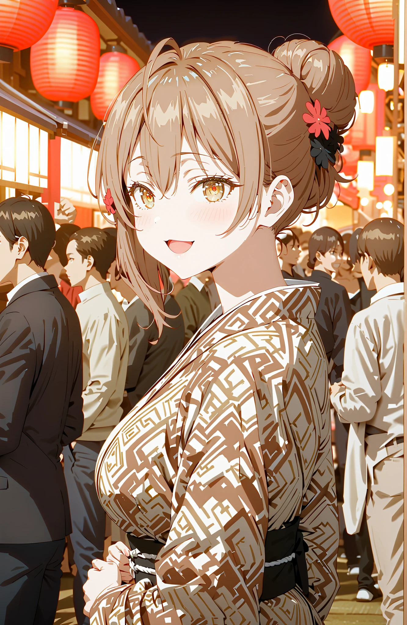 Maria Mikhailovna Kuzou, bungs, brown hair, hair ornament, hair between eyebrows, brown eyes, stupid hair,smile,blush,opens her mouth,side lock,single bun hair, Nape,Big Breasts,Black flower pattern kimono,standing,Light up fireworks,Japanese stalls ,Red Lanterns,standing,crowd,break looking at viewer,full body,
break outdoors, Japanese Festival,
break (masterpiece:1.2), best quality, high resolution, Unity 8Kの壁紙, ( illustration :0.8), (beautiful detailed eyes:1.6), Highly Detailed Faces, perfect lighting, highly detailed CG, (perfect hand in h, completed anatomy),
