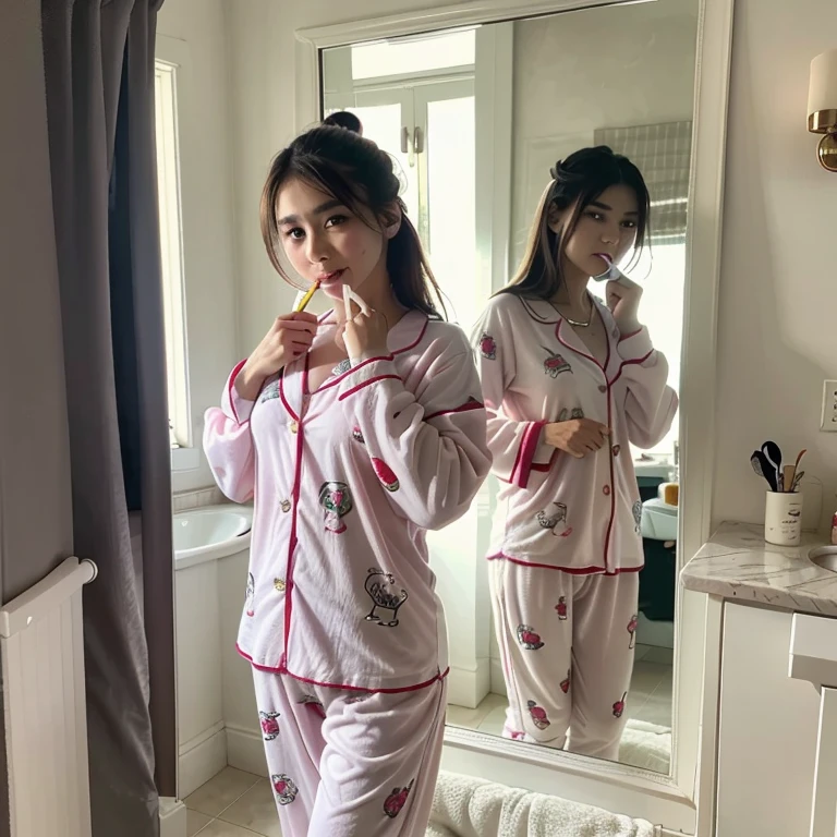Girl brushing teeth standing in front of bathroom mirror、bright light、Casual cartoon pajamas