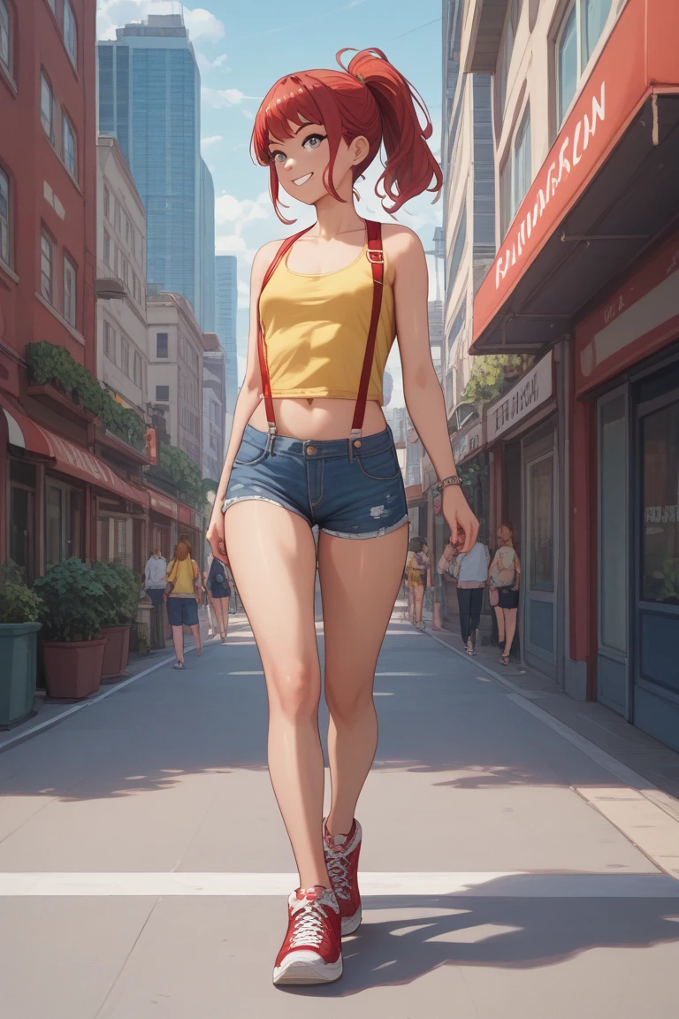 Nerdy girl, hourglass figure, shy, vibrant red hair, short jean shorts, cropped skin-tight tanktop