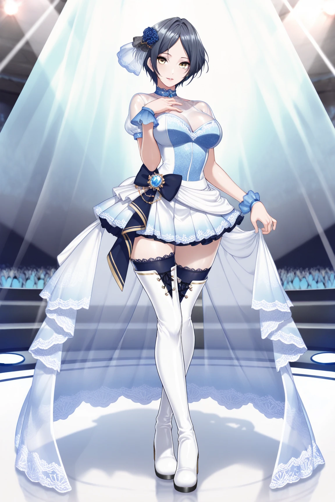 One Girl, Shiny skin, 最high quality, (Game CG:1.4), Browsing Caution, Beautiful face and eyes in every detail,Big Tits、Small lingerie, Severe, Big ample breasts、((最high quality)), (Very detailed), (Very detailed CG 統合 8k 壁紙), Very detailed, High resolutionのRAWカラー写真, Professional photography,From below, (((White lace panties)))、I can see your face、(((A regretful look))),(((Embarrassed face)))、(((Are crying)))、(((Anguished expression)))、Glaring, Angry、(((Her white panties are visible through the)))、((White underwear pattern))、Dancing、((((She is embarrassed that the audience has seen her panties))))、 (((She forgot to put on her underwear so her underwear was completely visible)))、dancing, (((The audience is happy to see her panties))), (((A crowd of spectators point their cameras at her panties))), ((Nipples are visible))、Full Shot、(((Her skirt is flipped up))),(born, 最high quality, masterpiece:1.5), (Realistic, Intricate details:1.2), 超High resolution, (high quality, High resolution, The finer details), alone, Curvy Women, blush, Sweat, Oily skin, Shallow depth of field,(masterpiece、最high quality、High resolution、Unity 8k wallpaper、Very detailedCG:1)、(Awareness-raising:1.0)、One Girl、最high quality、8Kmasterpiece、((software)), ((multiple girls)), (18-year-old female, Beautiful detailed woman, policewoman),( Blue Hair),(short hair),White and thin uniform,(Black leather micro mini skirt), ((With a shy look:1.5)), Huge breasts, Hard nipples, Slim Waist, Thick thighs, Ultra mini skirt, ((Black Pantyhose)), (((I'll lift my skirt to show you my pantyhose))), ((Leg spread)), (Please open your legs),, look down,((Skirt Lift)),(((Boldly flip up the skirt)))