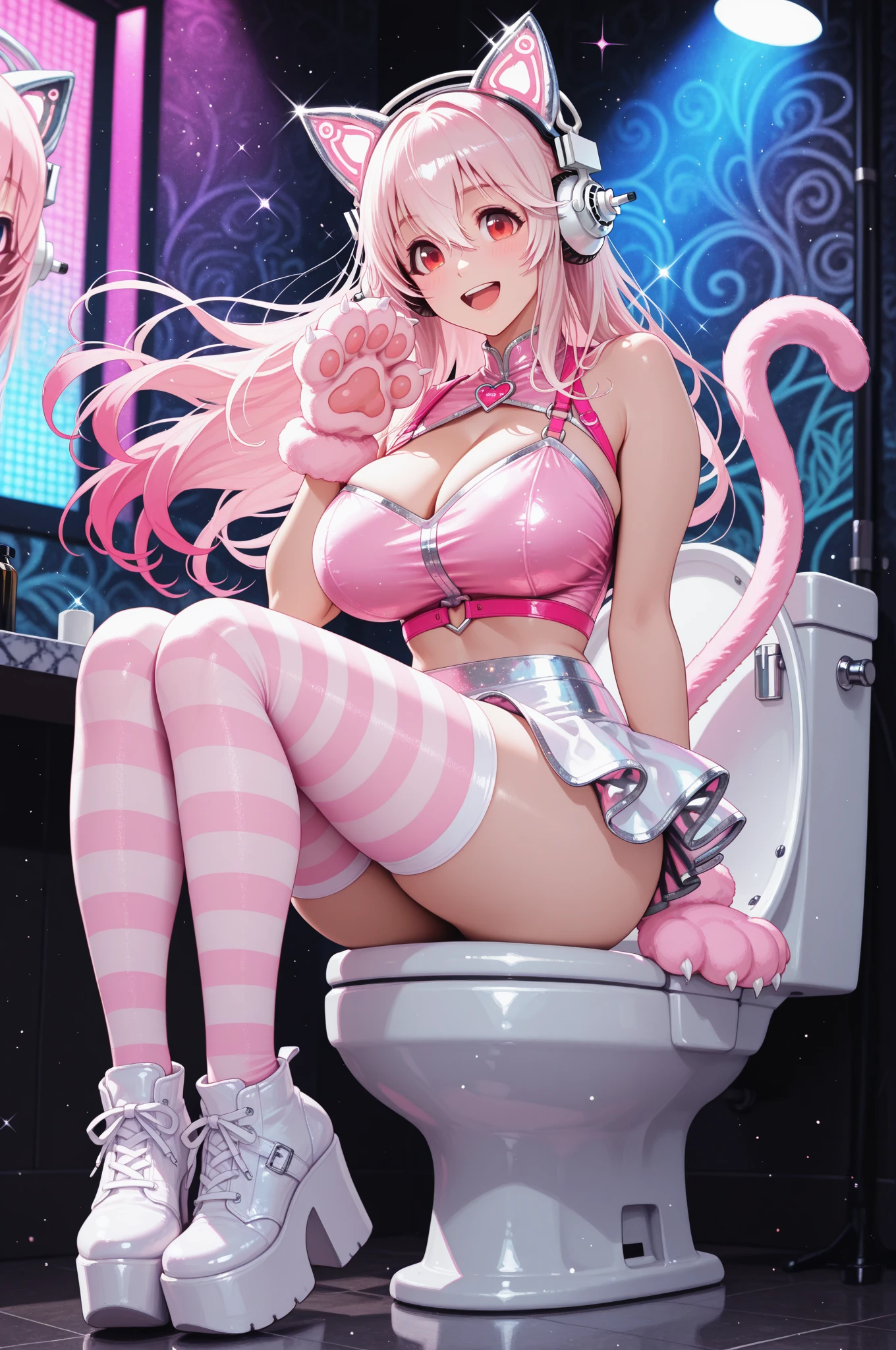 (quality)), ((masterpiece)), Recommended resultsluffly、(see through:1.5)、full body lesbian、Squat down、、straighten your back、(Keep hips forward:1.)、angle to floor:1.2、low camera angle、There is white liquid flowing out of the crotch、Whole body facing the camera,Hair can be seen on the crotch,White skin,pink latex dotlond,Knee socks,huge upper body,huge bust,perspective magical girl
