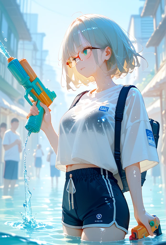 high quality、最high quality、Ultra-high resolution、Slender beauty、White color swimsuit、Embarrassed look、Droopy eyes、crack、Backpack、Water Machine Gun、Equipped with a bazooka