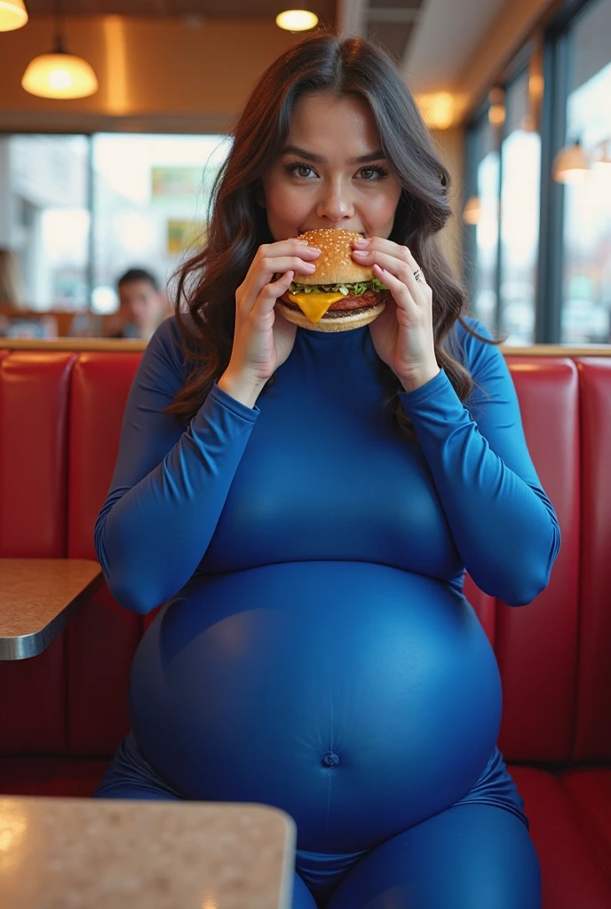 Obese mother with a chubby girl, num restaurante de fast food comendo hamburguers e batatas, the very fat mother eating and the hamburger sauce dripping out of her mouth. Ultra Realista, 8k, fullhd