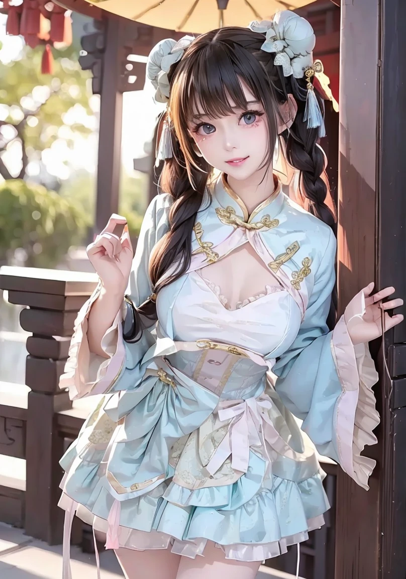 small ,,princess 10 yeald old cute, Master picture quality, Highest quality, Best picture quality, Exaggerated details, The expression is shy,a close up of a , Super beautiful,Long hair, Very exaggerated and compact, Round breasts , Pose in front of the camera, ,, Wet-breasted Hanfu open V-chested clothes pink, All pictures, Wet body of thin silk fabric, Thin silk lace petticoat, (huge ,cleavage), petticoat, white pink, blue, high slim waist, details
