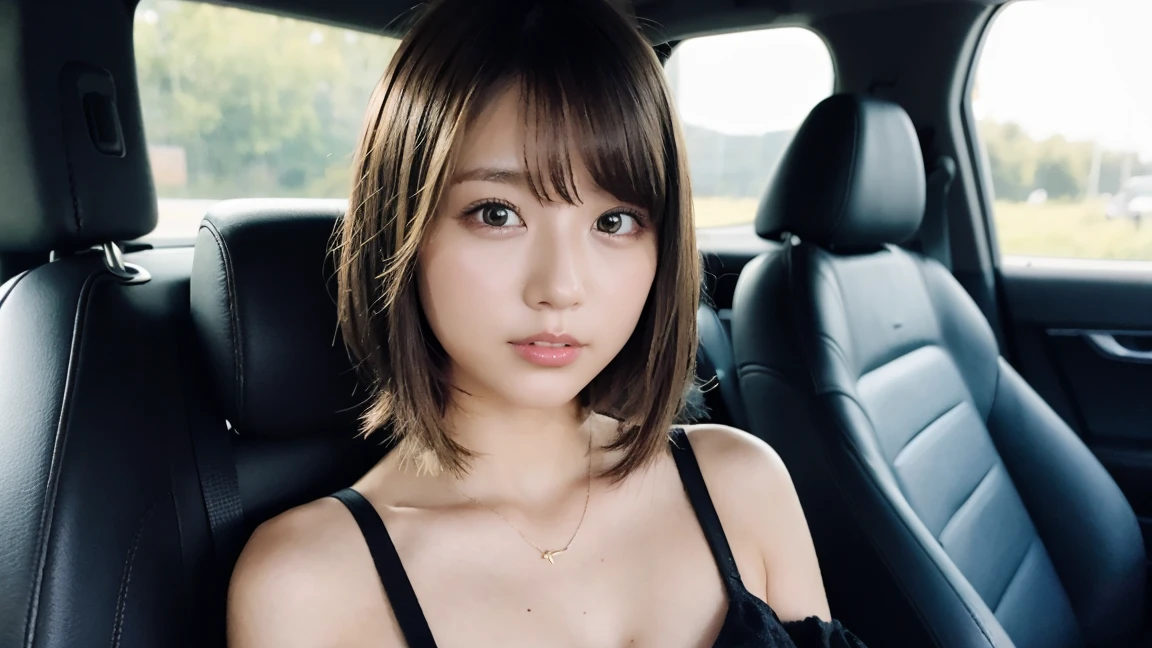 Car ride along the coast、evening、Lace bra and lace panties、Her hairstyle is a short bob with bangs.、