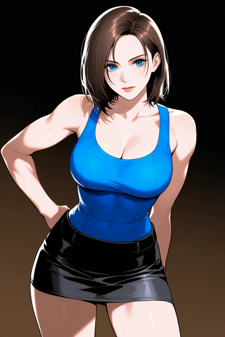 oslight style, incredibly absurdres, (best quality:1.4), 8k wallpaper, looking at viewer, upper body, shiny skin, mature female character, 1girl, no mouth, medium breasts, cleavage, black hair, hair pulled back, (buzz cut), wearing jumpsuitwith no jewelry or neckwear, indoors, finely detailed background, amazing background