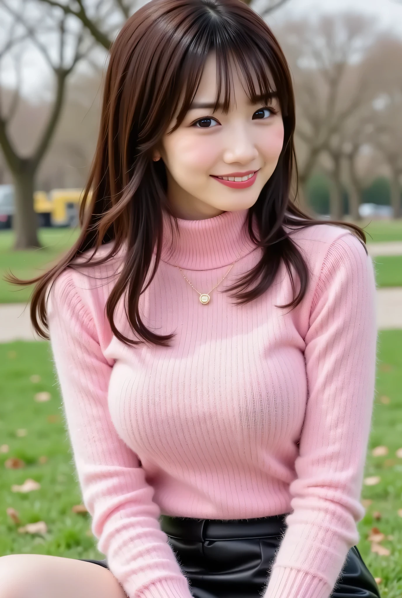 pink turtleneck knit 、fluffy shaggy knit with long hair、sleeveless、Composition taken by pulling the camera、my whole body covered in liquid is shown、dark brown beautiful hair、shortcuts in Kunai、Ears sticking out、round face、super big 、Her body is facing diagonally、black leather skirt、Gross、cute pose、 The background is a park on a sunny day