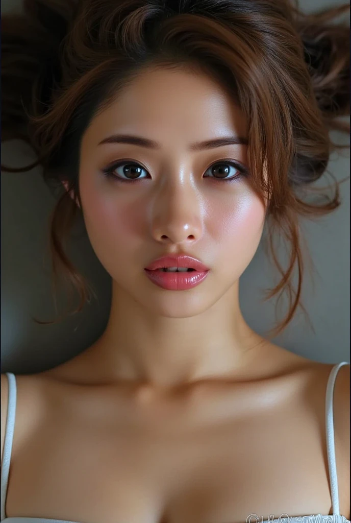 A full body photo taken from behind of a very realistic 18 year old japanese girl looking at the camera with body, skinny body, nubile body, long black hair with fringe and two loose long pigtails, sweet and angelic face, thin and upturned nose, highly detailed light brown eyes, long eyelashes, highly detailed lips, thin beautiful lips, Nyarome Nia, perfect lips, perfect mouth and wearing no clothe