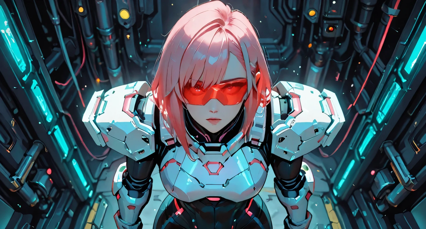 short light pink hair, futuristic armor with glowing accents, black and silver armored shoulders, tight-fitting suit in shades of pink, red hair accessory, standing confidently, mechanical background with illuminated lights, vibrant and dynamic lighting from above, cyberpunk atmosphere, medium shot, well-balanced exposure, digital art rendering