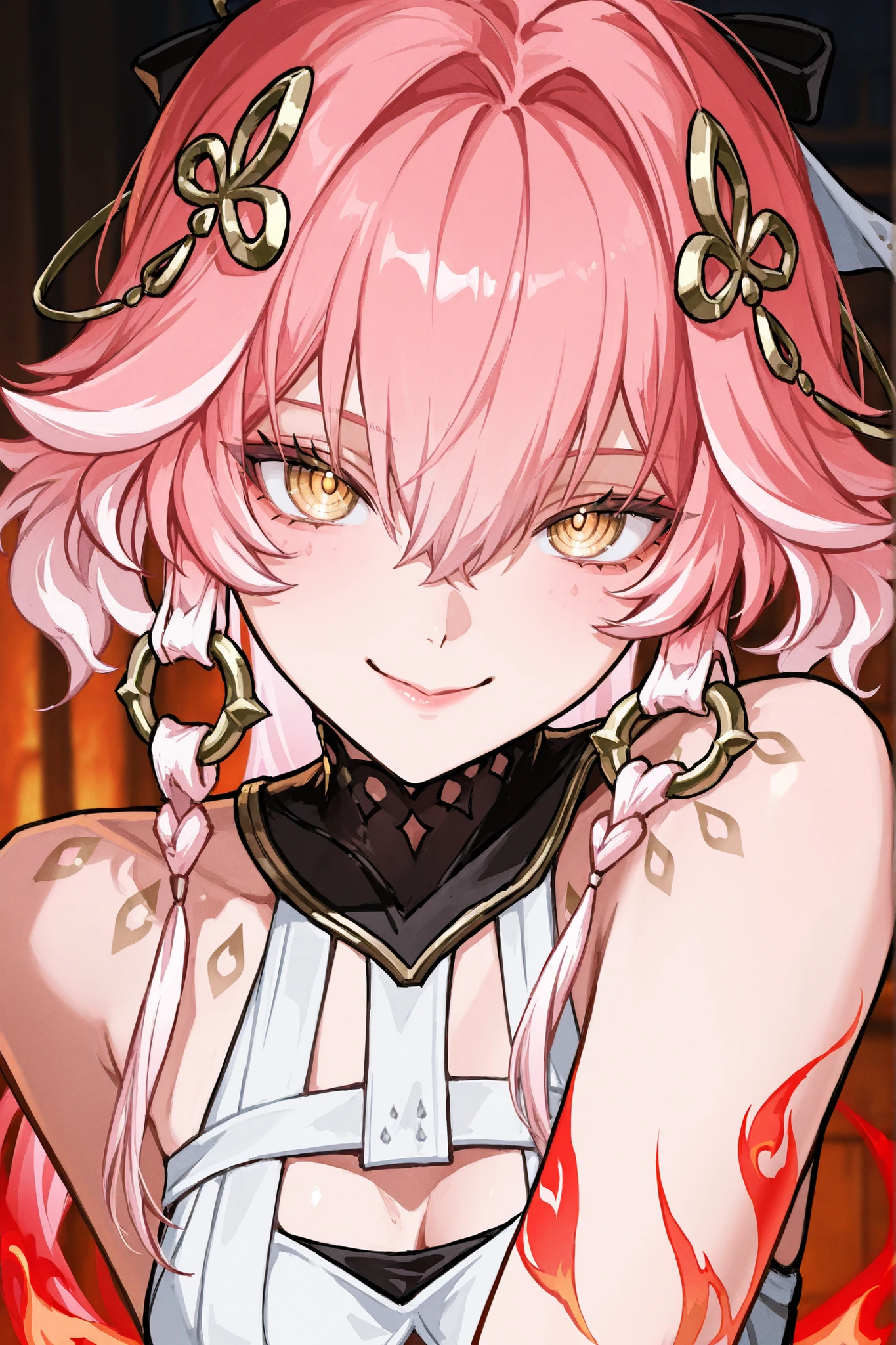Персонаж changli из wuthering waves, soft pink hair to the shoulders, tips white , very big eyes, with her eyes , surprisingly wide patterns, yellow eyes , Glass retina, clothes of the changli character from the wuthering waves game , big plump lips , looks at the viewer, rosy cheeks, turns red , smile, shame , flirts, better quality, Glass retina, red flame tattoo on one arm, against the background of the tavern , thin and elegant , slim, emphasis on the eyes, detailed eyes, long background, flirts со зрителем, Dirty