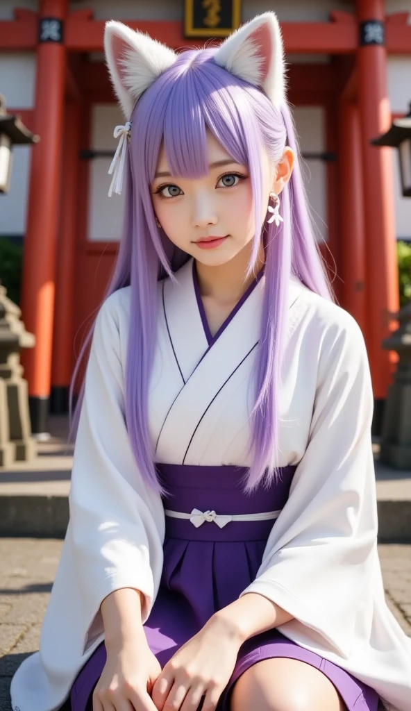 a delightful and whimsical scene with a chibi-style girl and a small dragon. The girl has long, flowing lavender hair adorned with a crown of flowers, and she is dressed in a traditional, elegant kimono with intricate floral patterns. Her large, bright blue eyes give her an endearing and innocent look. Beside her is a white dragon with golden horns and delicate whiskers, appearing friendly and protective. They are surrounded by a backdrop of fluffy clouds and vibrant flowers, creating a dreamy, magical atmosphere.