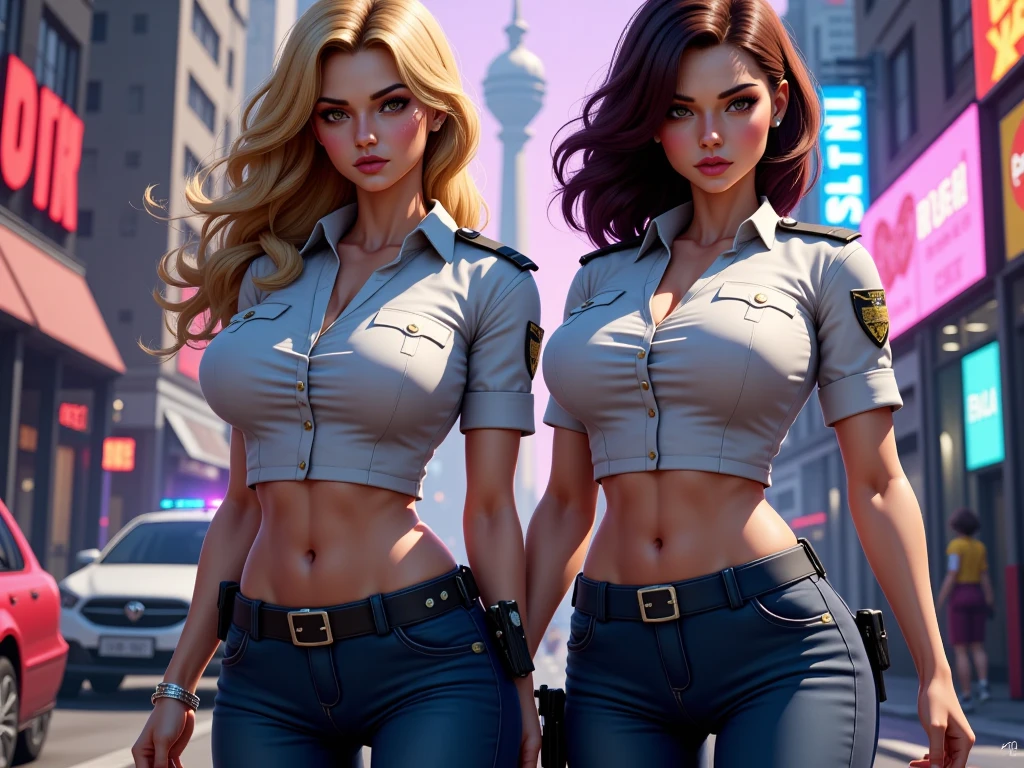 (8K,tmasterpiece:1.2),(Hyper-detailing),(ssmile:1.1),((wavy white long hair):1.3,beatiful detailed eyes,largeeyes,Light makeup,choker necklace,ear jewelry,Pink and moist lips),Two slender women,red color eyes,In the police station,Absurd long white hair,(Police uniform),(Black combat uniform),Female police,Cocked buttocks,((Stretch meat,Fair and moisturized skin)),Be dignified and religious,),(The atmosphere is ambiguous,misty background,a fairy world:1.2),(long white hair)