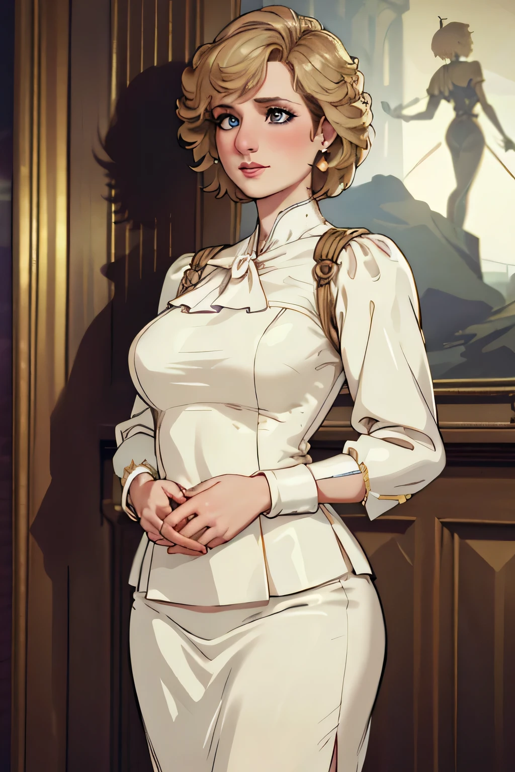 (masterpiece:1.3), (8k, realistic, RAW photo, top quality: 1.4), (one girl at the Expo), beautiful face, (realistic Face), Beautiful Hairstyle, realistic eyes, beautiful details, (realistic Skin), beautiful skin, absurd, charm, super high resolution, super real, very well detailed, golden ratio, (best shadows), like in a movie, (complicated:1.4), high contrast, Side Lighting, ((Princess Diana)), ((Accurate hands and fingers)), ((Captain England)), 43-year-old Caucasian woman, ( Gold, short hair:1.3), ( plump body), Blair Guards are standing in a row