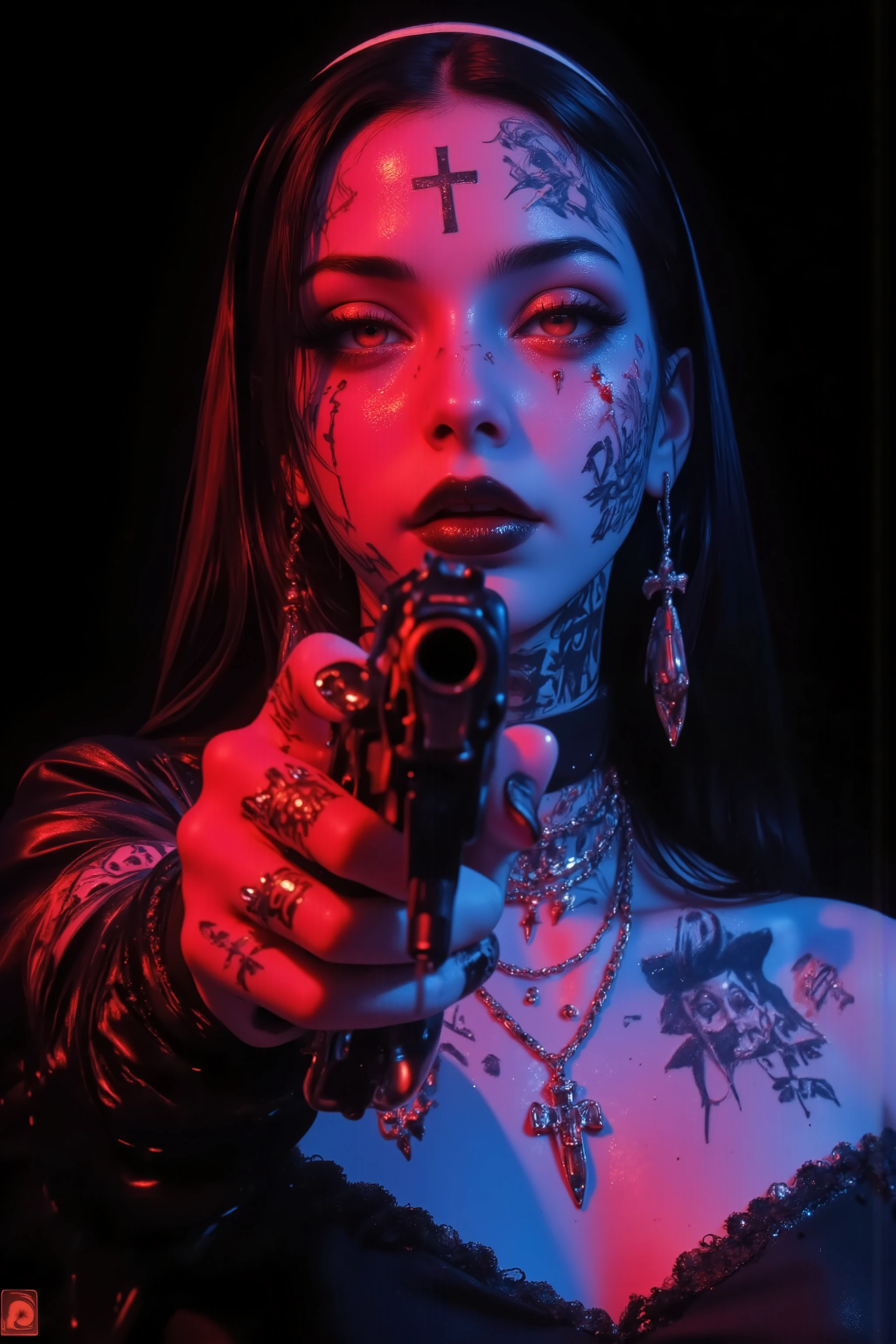 (front view,portrait,from below),Bloody view,fashion photography portrait,1girl, photorealistic,beautifully detailed eyes,real skin,top quality ,Ultra Fine,mafia ,face Tattoo, targets viewers with a Pistol in her right hand, has a weapon, Pistol, has a gun, and aim for the audience, revolver, Fingers-on trigger,wide angle front view, a nun,wearing nun costume,sister veil,evil,Cold gaze,cross arning,Thick black lips,Depression,black hair,red cheeks,black gothic lips,Bob,princess cut,ful,Point your gun,black hair,beautiful finger, hands,cinematic,dramatic lighting,(red and blue neon lighting),simple black background