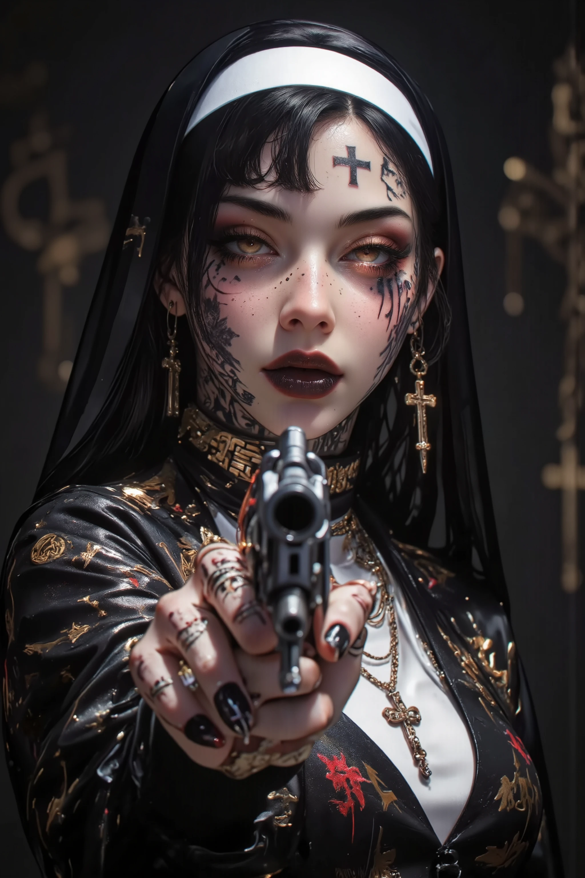 (front view,portrait),fashion photography portrait,1girl, photorealistic,beautifully detailed eyes,real skin,top quality ,Ultra Fine,mafia ,face Tattoo, targets viewers with a Pistol in her right hand, has a weapon, Pistol, has a gun, and aim for the audience, revolver, Fingers-on trigger,wide angle front view, a nun,wearing nun costume , cross arning ,Thick black lips,Depression,black hair,red cheeks, black gothic lips ,long straight hair ,Bob,princess cut,ful,Point your gun , black hair, ((Black eyepatch)), mole under mouth, Evil grin,cinematic,dramatic lighting