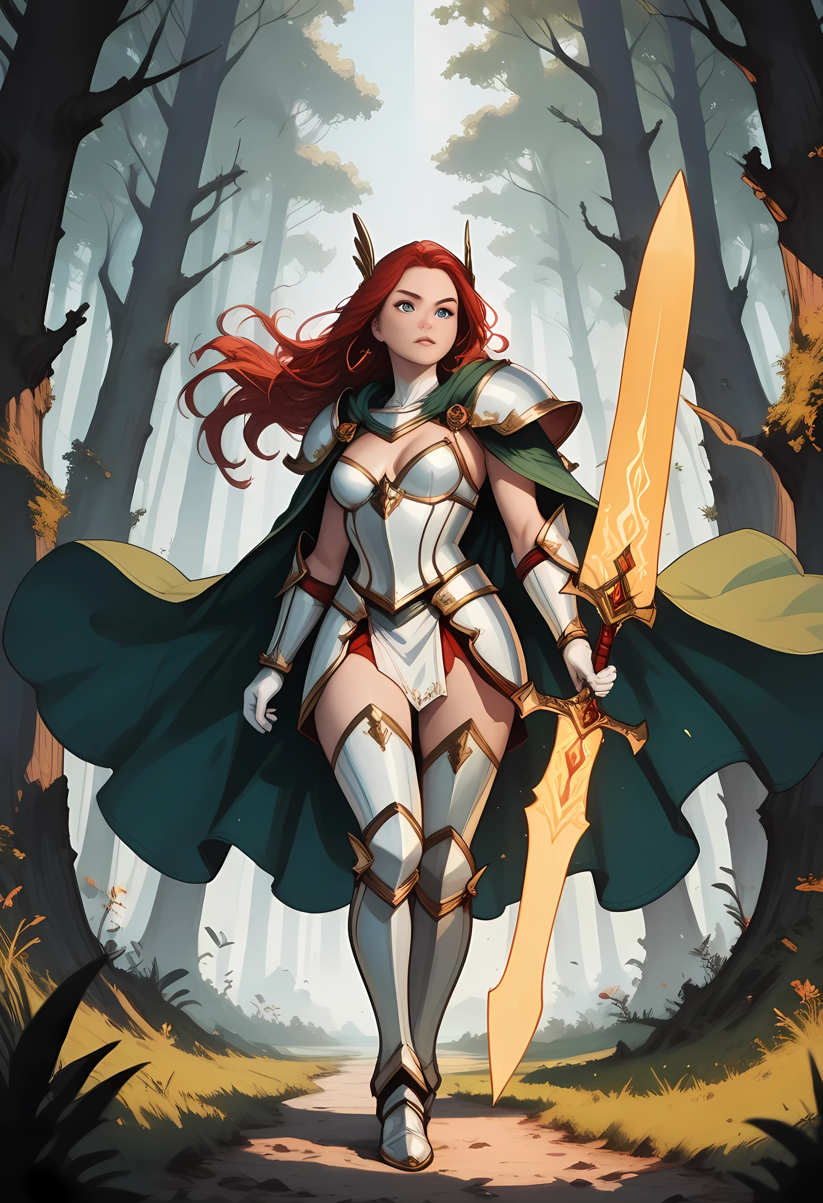 a picture of female human paladin of nature protecting the forest, wearying heavy armor, divine armor, white armor, small cleavage,  flowing cloak, long cloak, green cloak, armed with a sword, glowing sword, wearing a glowing holy symbol, a woman, divine knight, full body, perfect body, ultra detailed face, ultra feminine, pale skin, red hair, long hair, blue eyes, body, intense eyes, fantasy forest background, D&D art, RPG art, magical atmosphere magic-fantasy-forest, ultra best realistic, best details, best quality, 16k, [ultra detailed], masterpiece, best quality, (extremely detailed), ultra wide shot, photorealism, depth of field, hyper realistic painting, fantasy art, realistic art,((best quality)), ((masterpiece)), (detailed), perfect face, Cinematic Shot, Fantasy background, d4f4b