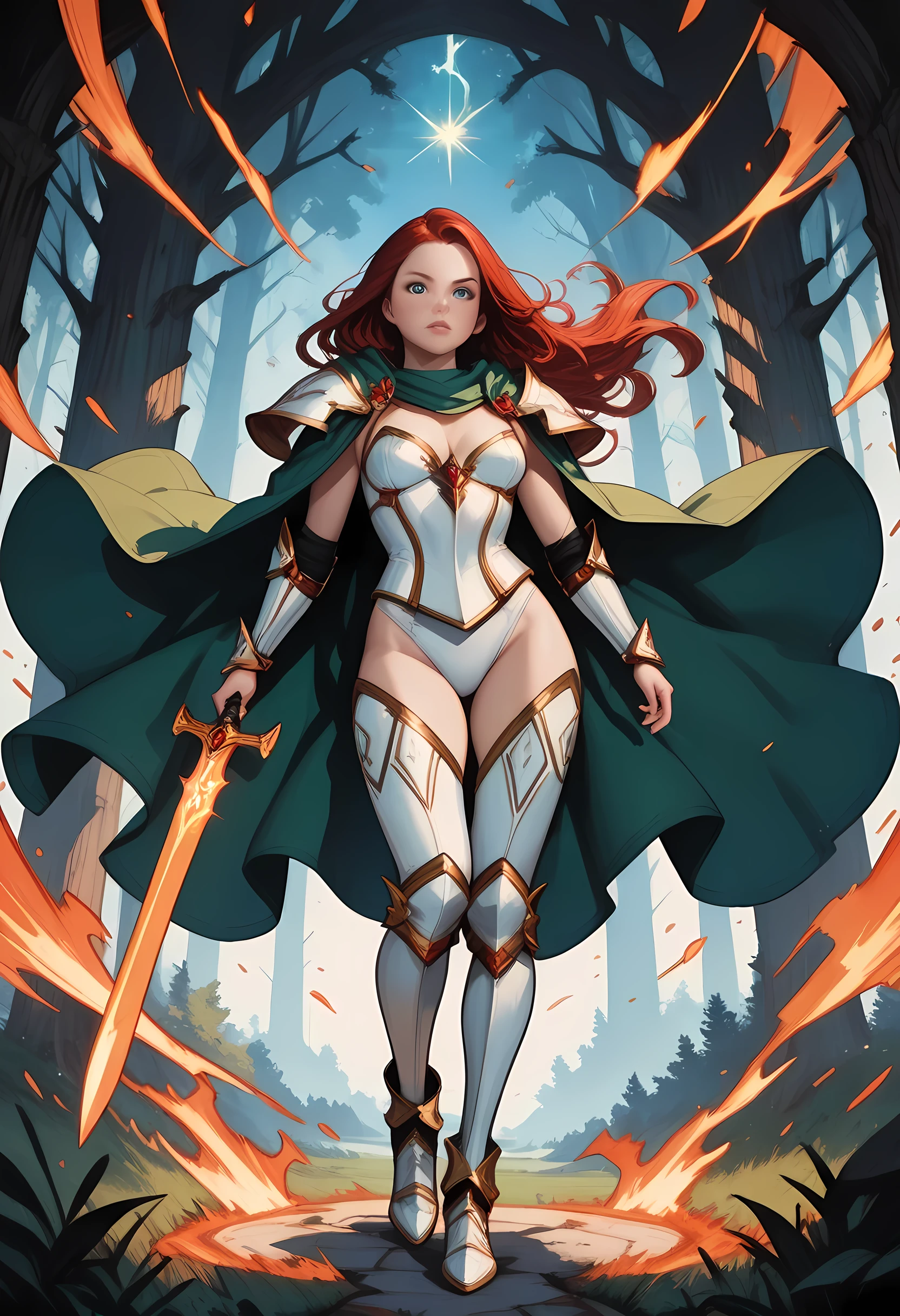 a picture of female human paladin of nature protecting the forest, wearying heavy armor, divine armor, white armor, small cleavage,  flowing cloak, long cloak, green cloak, armed with a sword, glowing sword, wearing a glowing holy symbol, a woman, divine knight, full body, perfect body, ultra detailed face, ultra feminine, pale skin, red hair, long hair, blue eyes, body, intense eyes, fantasy forest background, D&D art, RPG art, magical atmosphere magic-fantasy-forest, ultra best realistic, best details, best quality, 16k, [ultra detailed], masterpiece, best quality, (extremely detailed), ultra wide shot, photorealism, depth of field, hyper realistic painting, fantasy art, realistic art,((best quality)), ((masterpiece)), (detailed), perfect face, Cinematic Shot, Fantasy background, d4f4b