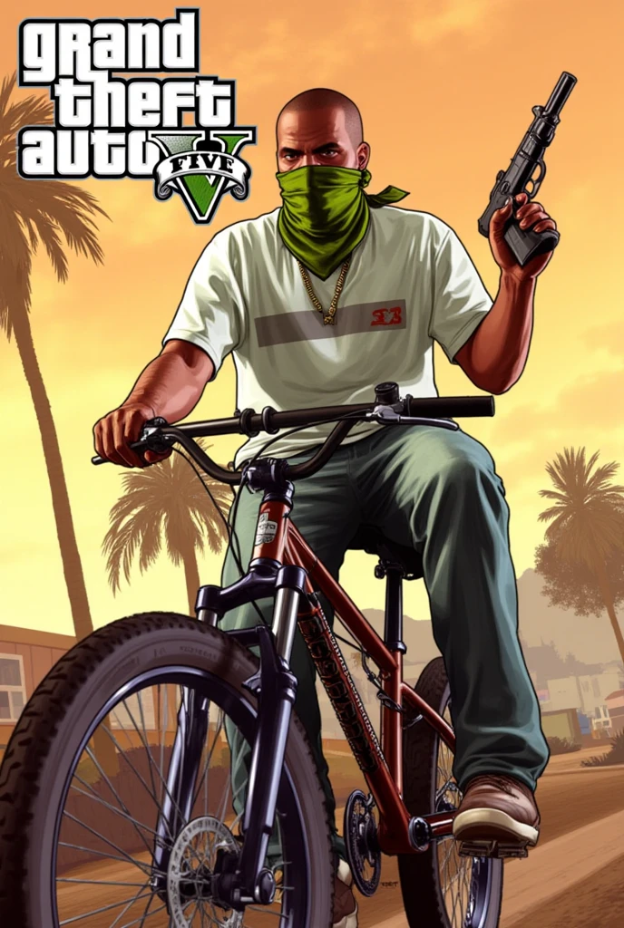 Grand Theft Auto V poster, "Grand Theft Auto V" title logo, a black man from the Grove Street gang family wearing a green bandana to cover his mouth, he rides on a bike while holding a gun, gun shot, Los Santos street setting, wall graffiti, cel shader rendering, toon shader rendering, (masterpiece, best quality:1.2),