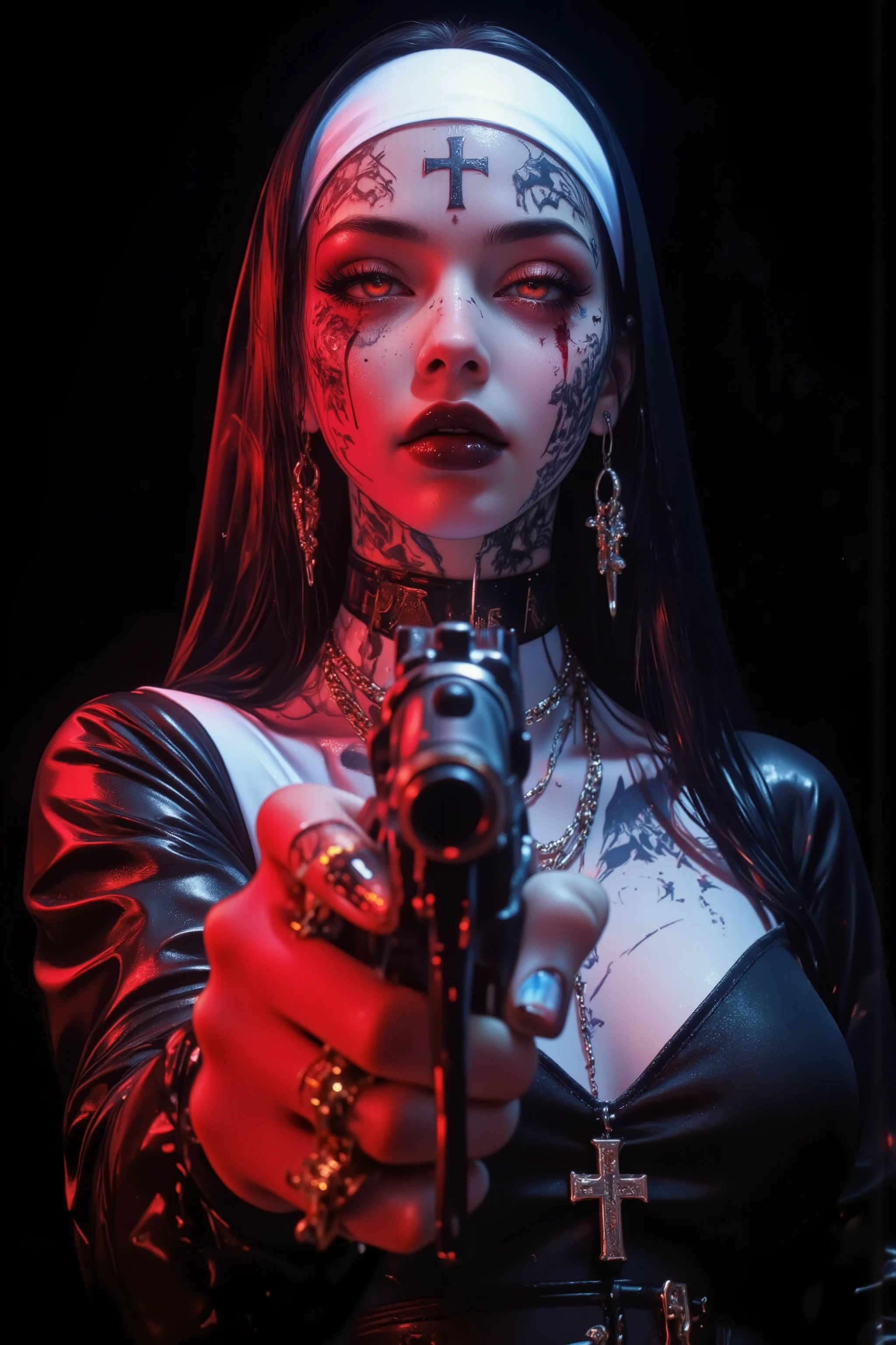 (front view,portrait,from below),fashion photography portrait,1girl, photorealistic,beautifully detailed eyes,real skin,top quality ,Ultra Fine,mafia ,face Tattoo, targets viewers with a Pistol in her right hand, has a weapon, Pistol, has a gun, and aim for the audience, revolver, Fingers-on trigger,wide angle front view, a nun,wearing nun costume,sister veil,evil,,bloodyCold gaze,cross arning,Thick black lips,Depression,black hair,red cheeks,black gothic lips,Bob,princess cut,ful,Point your gun,black hair,beautiful finger, hands,cinematic,dramatic lighting,(red and blue neon lighting),simple black background
