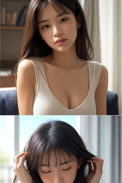 (Award-winning digital artwork:1.3) af (sketching:1.3),(Saturation:1.3),(Close portrait:1.3),(femele:1.4),(big breasts beautiful: 1.4),(carismatic:1.3),Perfect Detailed Eyes,Classroom,Mature woman,Large breasts,Raised sexy,Oversize men's shirt,No underwear,Film filter, ,dramatics,dynamicposes,illusory engine, (High detail: 1.9),the setting sun
