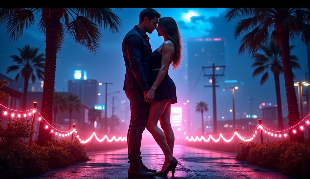 80's night on the Street a Man and a woman Kisses and wear black leather rocker outfit, street lights and on the background few woman see this