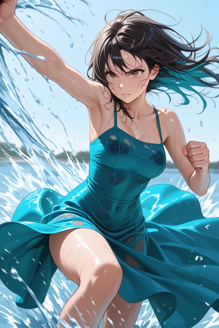 masterpiece, best quality, (Dynamic poses:0.5), absurd, 1 Girl,  Fighting Stance, Punch water, (water attack:1.5) wet clothes, wet hair, wet face, There is water behind the person, multicolored hair, (Wind:1.4)