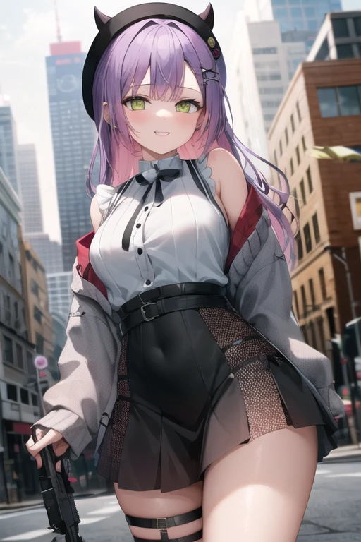 (masterpiece:1.6、top-quality)、(Fine and beautiful eyes: 1.2)、(looking-down)、hightquality、beautiful countenance、1girl in、Leather tight skirt、tights、Oversized leather jacket, Colossal tits, long, wide-hips, (sideways Facing, ), Street, Background with, detailedbackground,Creepy grin、Laughter at the corners of his mouth、long court、Shirt、neck tie、OL、