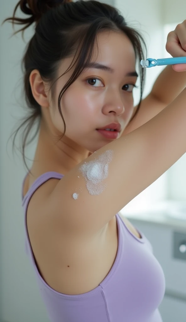 (highest quality:1.2),(perfect beautiful face:1.2),(perfect and beautiful posture:1.2),((Darkened armpits:1.1), (heavyweight female athlete:0.5), big breasts,big ass, Black short-cut hair,clear eyes,((white T-shirt:1.2), (My armpits are very sweaty:1.2),sporty panties,(sweat all over the body:1.2), At the bed,Ultra-high precision photos,looking at camera,Please sleep on your back
