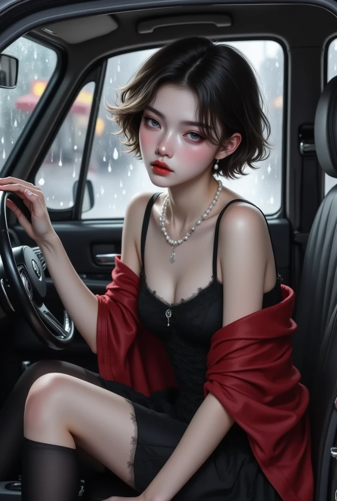 ((Biologically correct number of limbs))、((natural finger shape))、(( Photo including face))、4K、masterpiece、((focus on the face))、((Symmetrical facial features))、Eyes of minute description、Beautiful woman、outstanding style、beautiful clavicle、beautiful legs、slender body、(small ass、thin thighs)、(stockings、high heels)、Detailed depiction of faces、small earrings、necklace、Low - Angle、(Upper body shirt、Lower body pattern skirt)、wearing sunglasses、I am driving a car、close up of face、
