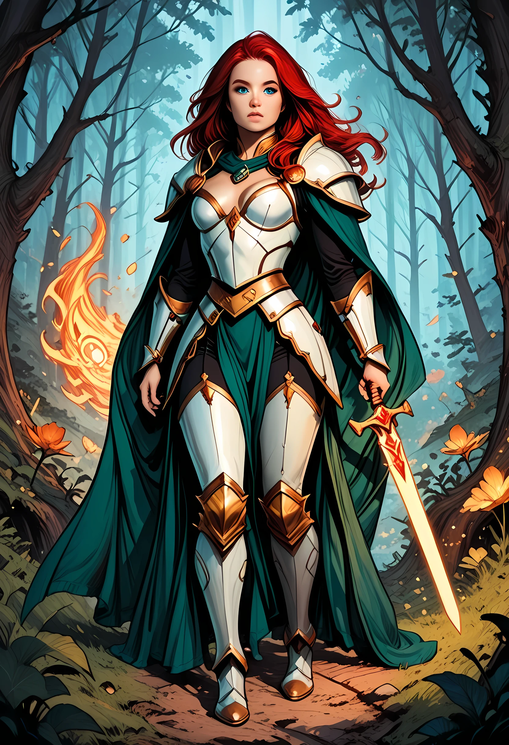 a picture of female human paladin of nature protecting the forest, wearying heavy armor, divine armor, white armor, small cleavage,  flowing cloak, long cloak, green cloak, armed with a sword, glowing sword, wearing a glowing holy symbol, a woman, divine knight, full body, perfect body, ultra detailed face, ultra feminine, pale skin, red hair, long hair, blue eyes, body, intense eyes, fantasy forest background, D&D art, RPG art, magical atmosphere magic-fantasy-forest, ultra best realistic, best details, best quality, 16k, [ultra detailed], masterpiece, best quality, (extremely detailed), ultra wide shot, photorealism, depth of field, hyper realistic painting, fantasy art, realistic art,((best quality)), ((masterpiece)), (detailed), perfect face, Cinematic Shot, Fantasy background, d4f4b