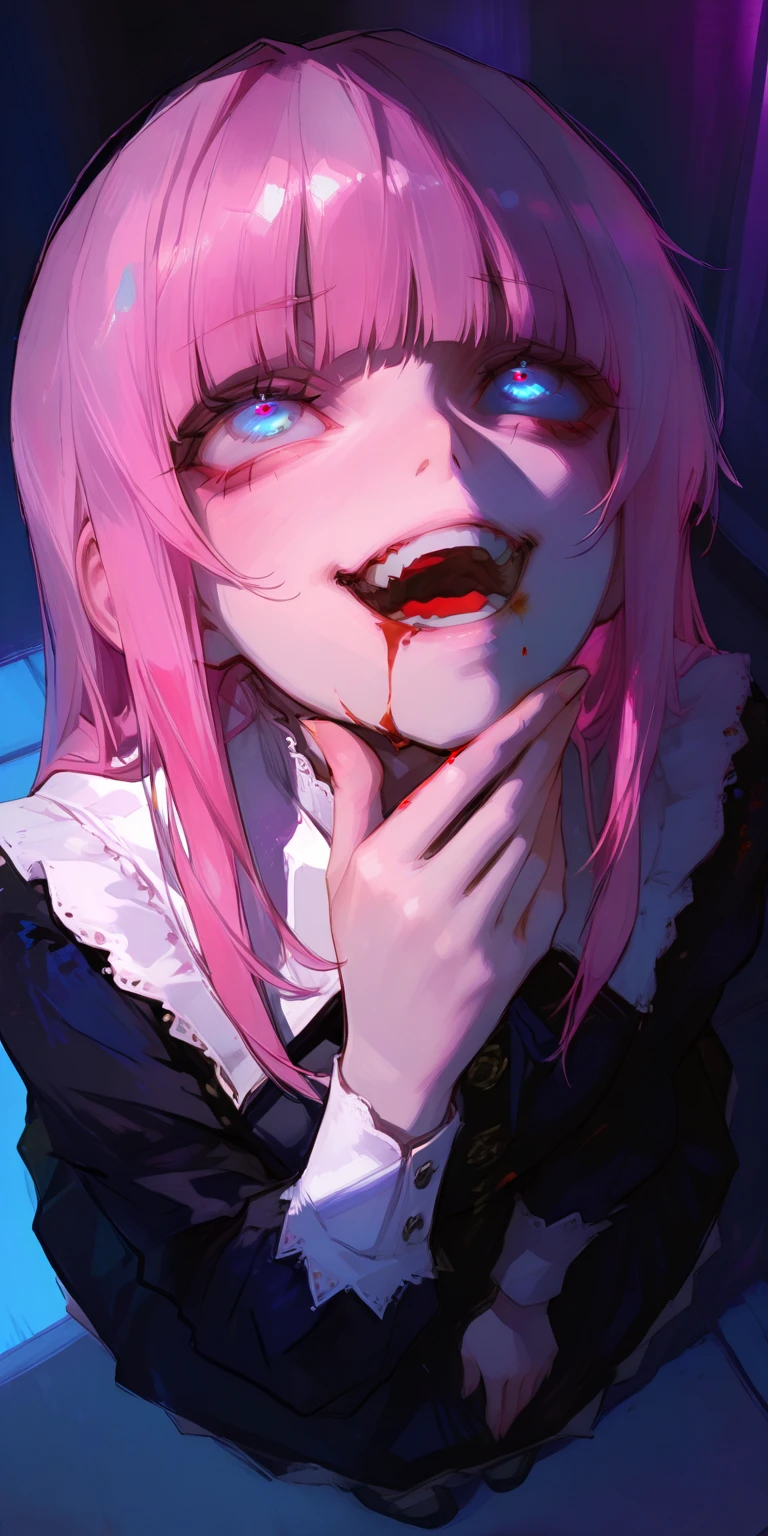 1 girl in chainsaw man style,long hair, light pink hair with blue tips , light blue eyes, ((detailded)), white blouse, ((bare waist)),((big boobies)),blood-stained clothes, evil smile ((dentes pontudos)), showing the tongue,a hand covering part of the face and resting the head on the hand, sitting,dark red background