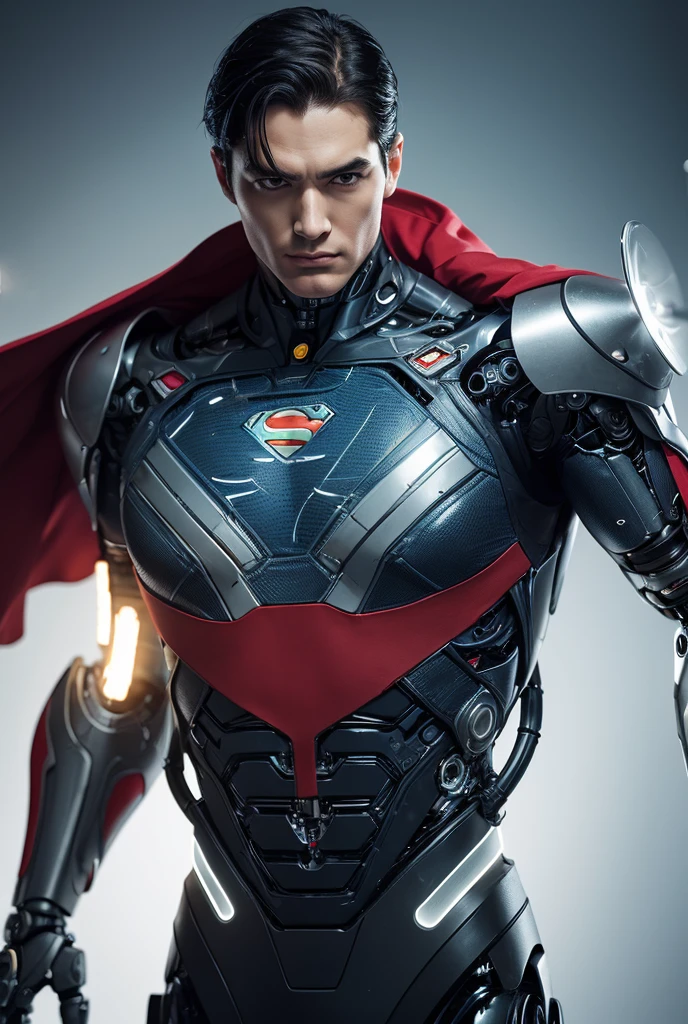 superhero with cape, metal suit of the future, une main en squelette brulant, début sur un toit, image meilleure qualité HD.