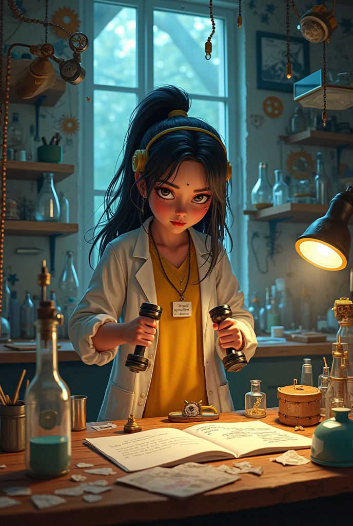 (Masterpiece: 1.5), (Best Quality: 1.5), High Definition, High Detail, 3DMM, One Woman, Solo, ((Cracked Glasses))((black soot )) (exploded hair,beard , ((exploding clothes,torn clothes,ripped cloths)) (( lab gown Top Ash Bangs)), ((A Lamp Shocks the Woman )) In the lab she carries me to (((an electrified big Lightbulb))), it explodes, hair standing with ash on it , cute, glowing and electric lamps, ((ashes explosion on the face)), ((indoor,lab,black smoke,smoke,fire,beaker,flask,science equipment,explosion,fire))