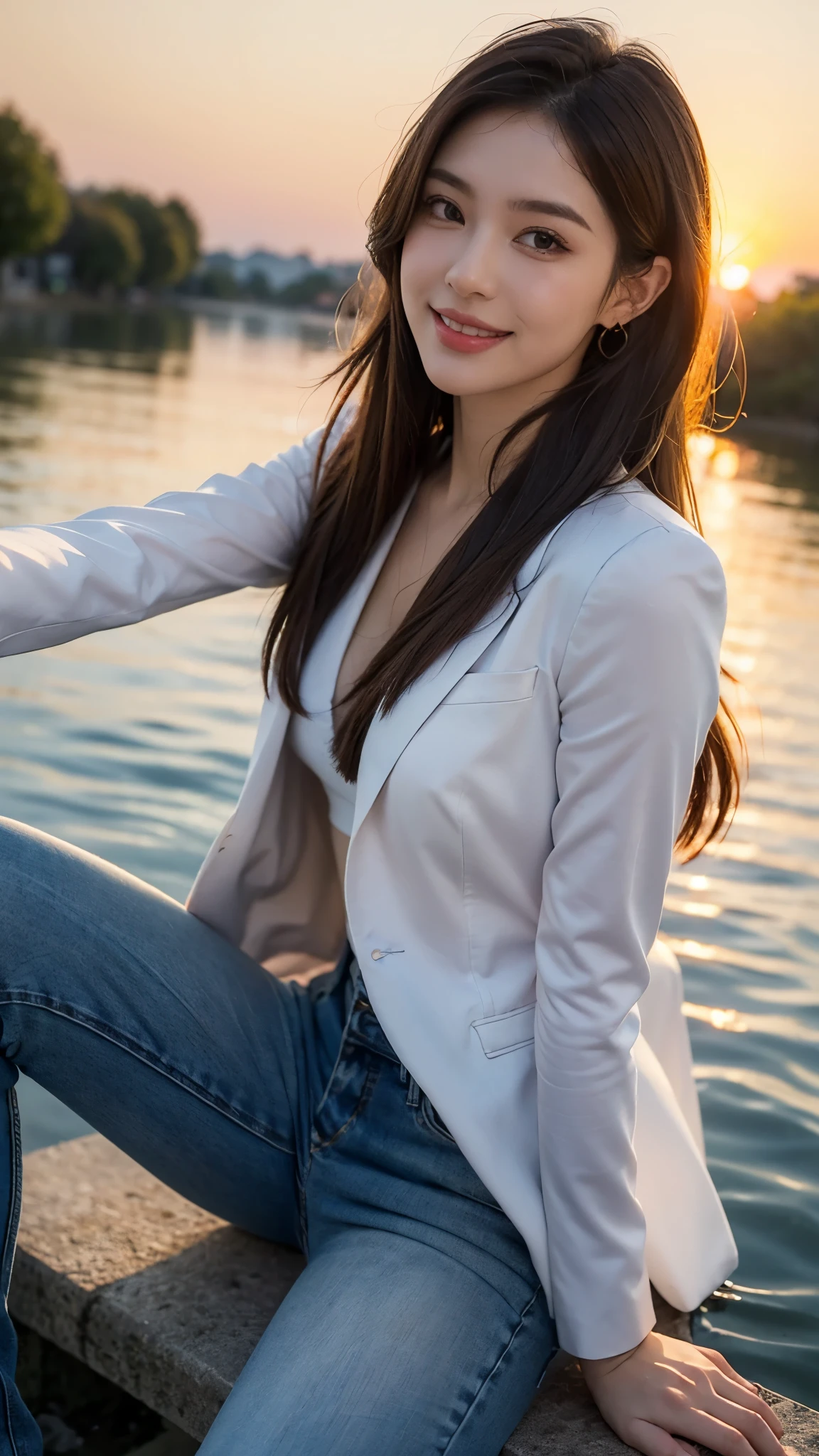 Woman standing in the sea as the sun rises、Sea at dawn、(Wearing a navy blue blazer、Wearing a white blouse、Wearing a red flared skirt)、Wearing pumps、The wind is blowing、A bag is hanging from the right shoulder、Beauty、20-year-old、university student、Uniform, cool-looking eyes、Well-balanced proportionedium build、Small face、Small breasts、Small Ass、The neck is short、Uniform left and right eyes、, black hair, long hair, messy hair, floating hair, earrings, parted lips, happy, seductive smile, symbol-shaped pupils, Surrealism, Verism, cinematic lighting, first-person view, f/1.2, Nikon, UHD, best quality, highres, 8k, anatomically correct, textured skin, high details