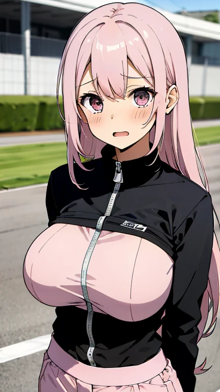 (Highest quality, masterpiece, 8k:1.2), Anime coloring pages, ultra-high resolution, hyper detail, Ingrid, one girl, 20 years, adult woman, Large medium breasts, dynamic angle, staring at the viewer, (Race queen, sleeveless, blush, car racing venue)