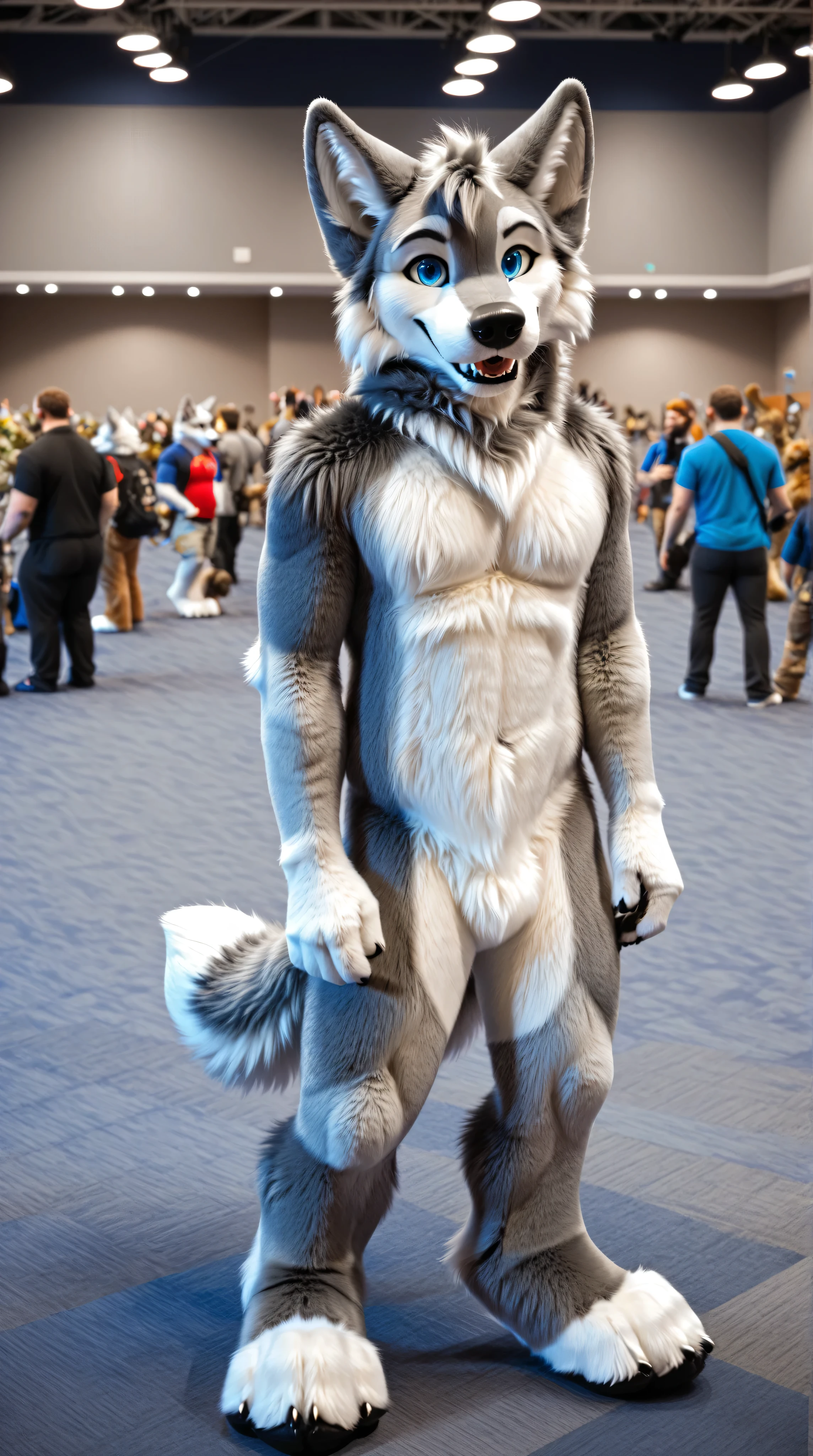 full body, fursuit, male, grey, grey limbs wolf, blue eyes, furry convention background 