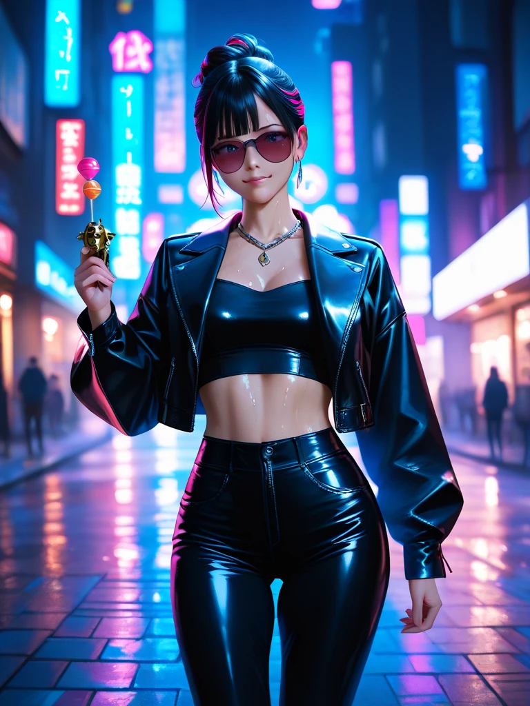 (best quality, 8k, highres), RAW UHD 8k photography, ultra-detailed, realistic, charismatic, bold, captivating, Faye Valentine in cowboy bebop, with sharp eyes and delicate lips, beautiful detailed eyes, beautiful detailed lips, seductive expression, short purple hair, long legs, standing against a vibrant futuristic cityscape, city lights reflecting off the sleek surface, short hair, (full detailed Faye valentine costumes), (yellow collar shirt, cropped, yellow short pant, headband), stunning cyberpunk aesthetic, neon lights creating a surreal atmosphere, overcast sky with hints of purple and blue, studio lighting accentuating her features, vivid colors enhancing the overall composition, bokeh effect adding depth and focus to Faye, physically-based rendering capturing every intricate detail of her appearance,