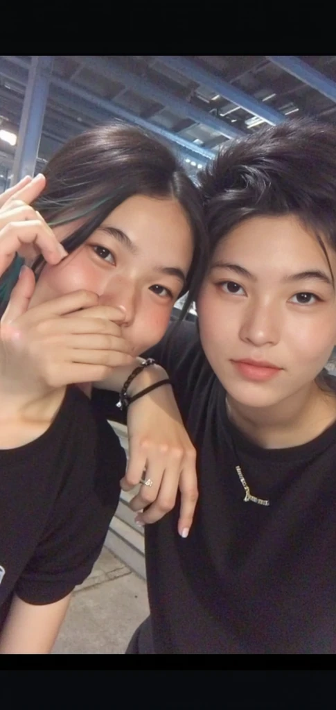an Asian girl with short bangs, your big and marked breasts