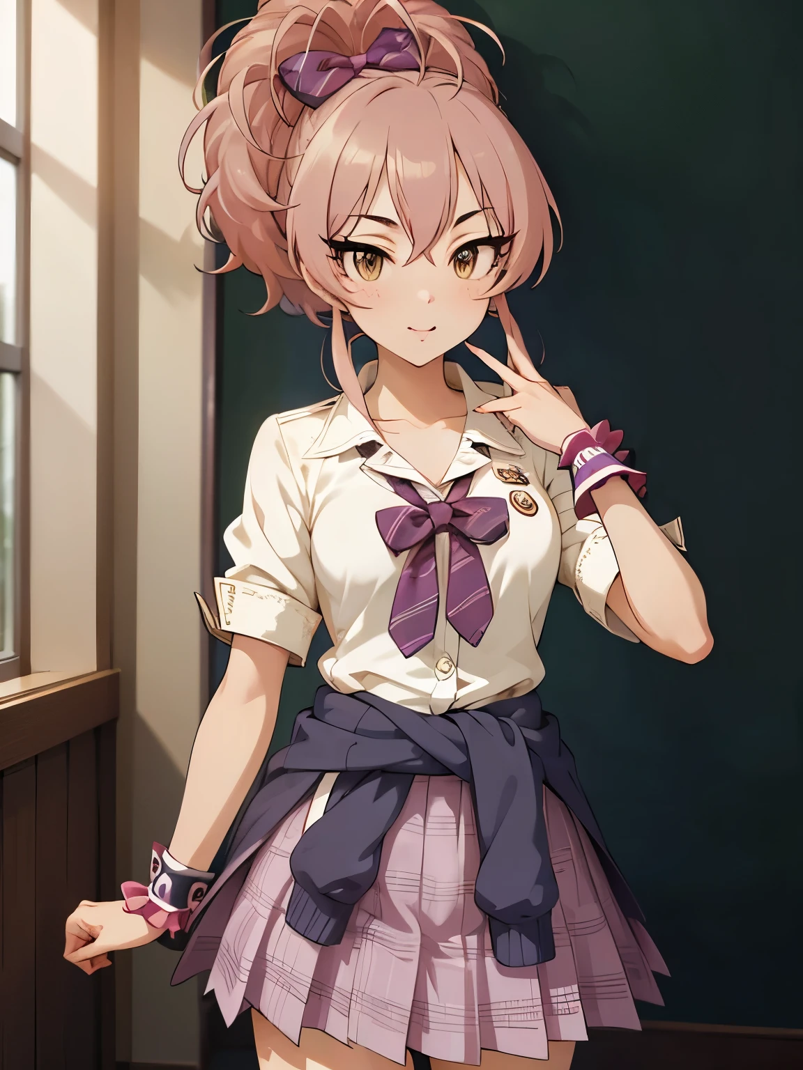 (masterpiece), (best quality), (highly detailed), (extremely detailed CG), (high resolution), (4K), (8K), (anime style), (Jougasaki Mika)、ponytail、hair bow、clavicle、uniform、stripes、bow tie、collared shirt、white shirt、rolled up sleeves、 list scrunchies、waist clothes、checked skirt、purple skirt, (perfect hand), schools,embarrassing,