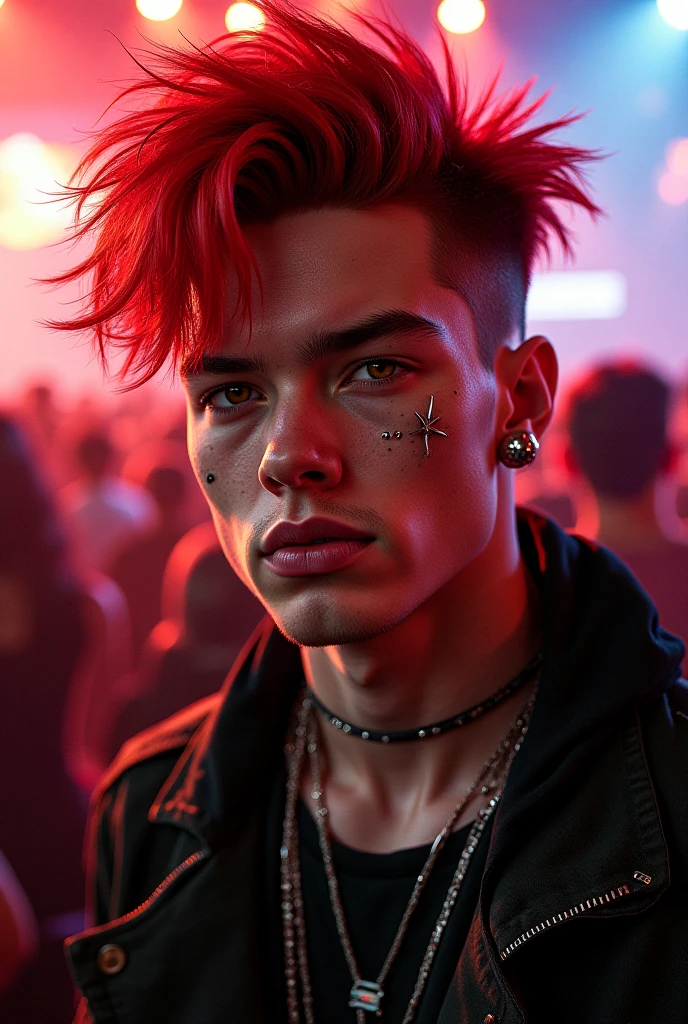 absurd, high resolution, ultra detailed, HDR, masterpiece, best quality, extremely detailed, detailed eyes, Quincy, red hair with yellow side streaks, messy ponytail hair, hair between the eyes, expressive blue eyes, Naked Carnival, solo, sexy man, manly man, horny, lustful, handsome, fantasy, undressing, black haori, transparent kimono, black choker, feathers, accessories, black gloves, fingerless gloves, elbow gloves, black bow headband, cock full of old perverts, ear microphone, purple light spotlights, mouth piercing, shining spotlights, fantasy manhwa, cock show,