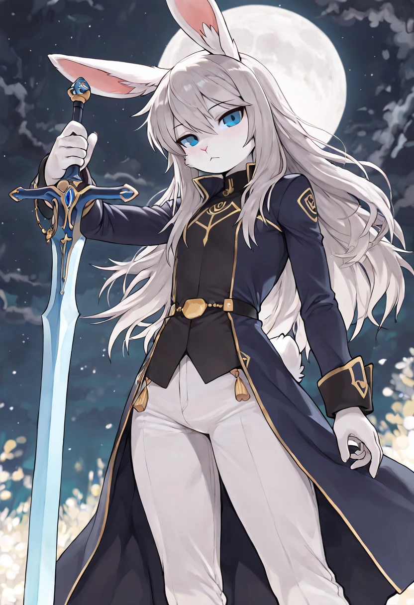 (masterpiece, top quality), complicated details, 8k, White Rabbit, blue eyes, slender figure, furry, long hair, digital cel-shaded anime, tall, Gray Hair, Night sky with moon, 10th Generation, dark blue coat,  white pants, noon, cute, fufufu, male, expressionless, god々like.  eyes have highlights, Draw eyes delicately, Luxury clothing, (((1 person))), I'm holding a blue sword, flat 