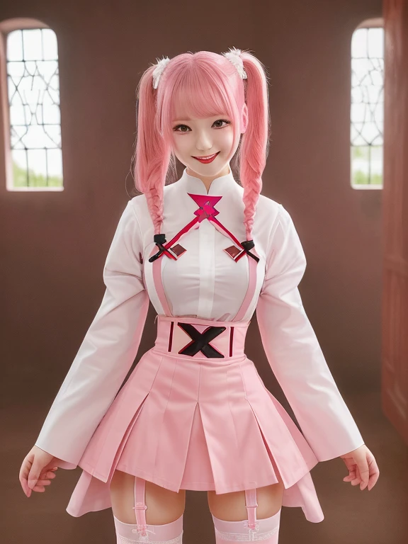 PeronaChan, 1girl, pink hair, black eyes, blunt bangs, drill hair, red lipstick, twintails, crown, black and white stockings, red boots, red capelet, white shirt with sleeves, red skirt, midriff, perfect anatomy, solo, 1girl and 1boy kabedon pov, hands on own chest((Show your armpits))gal.safetensors
